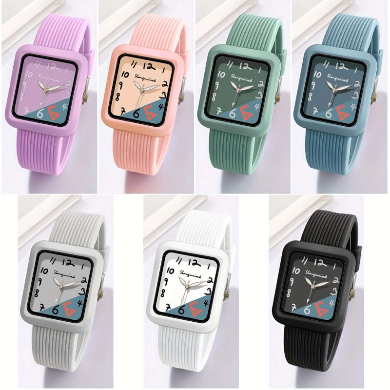 1pc Fashionable Quartz Watch With Striped Silicone Strap Colorblock Dial Rectangular Case Elegant