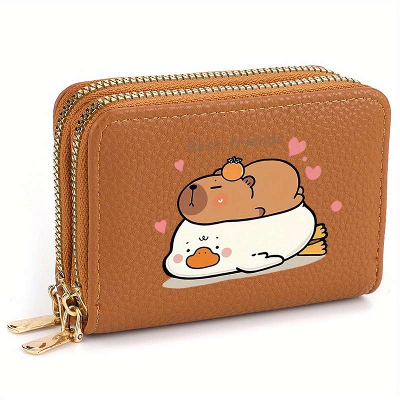 1pc DEABOLAR Cute Capybara Double Zipper Wallet Pink Faux Leather Credit Card Holder with "Be
