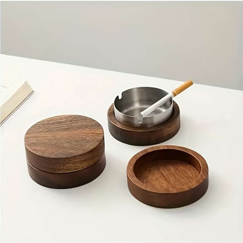 1pc Wooden Ashtray with Lid Round Stainless Steel Wood Design for Living Room and Office Us