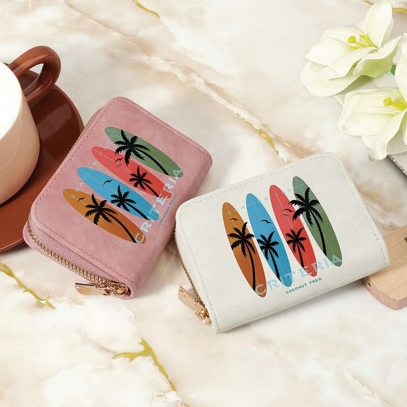 1pc Tropical Print Women's Compact Wallet Stylish Zippered Clutch with Multiple Slots Durable PU