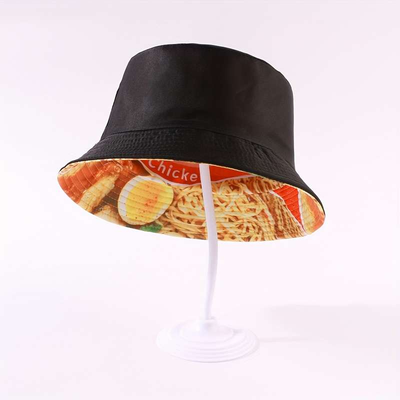 1pc Reversible Ramen Noodle Soup Bucket Hat Fun Cartoon Print Sun Protection Unisex Party