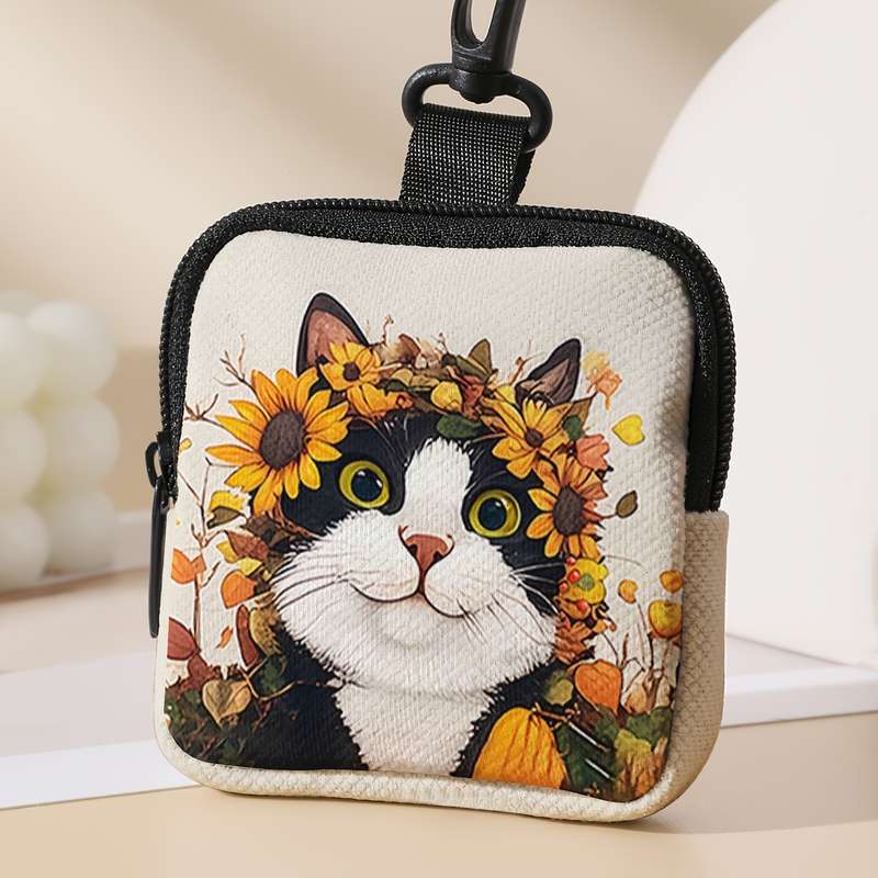 1pc Adorable Cat Sunflower Pattern Large Capacity Coin Purse Multi-Function Zippered Wallet