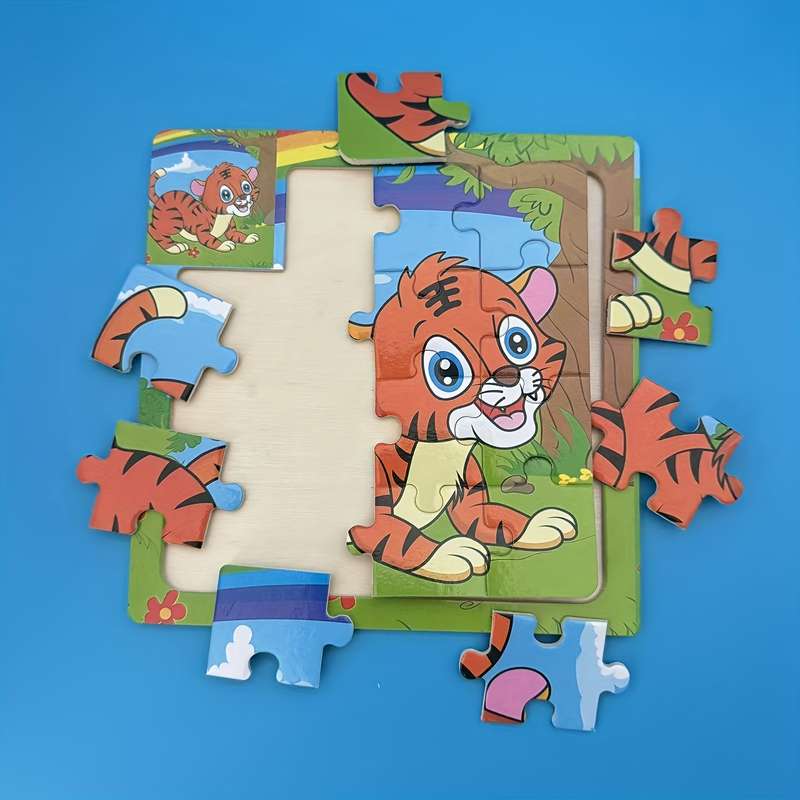 1pc Wooden Tiger Puzzle Vibrant Orange Kitten with Rainbow Flowers Design Ideal