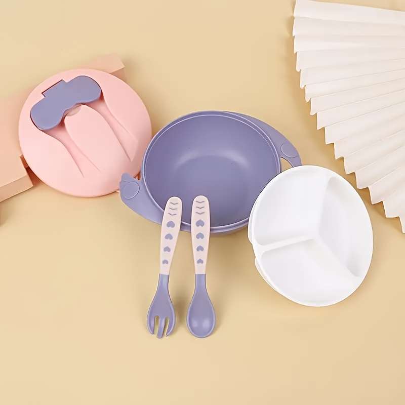6pcs Baby Feeding Set BPA-Free Plastic Silicone Non-Slip Suction 3-Compartment Plate Ute