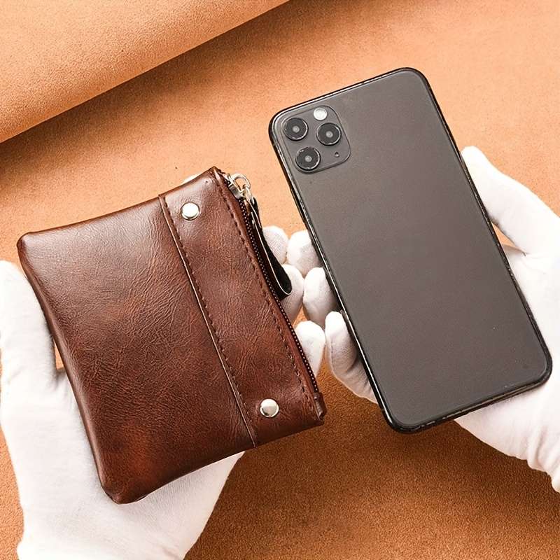 1pc One Men's retro solid color short wallet zipper card holder coin purse. Father's Day gift bi