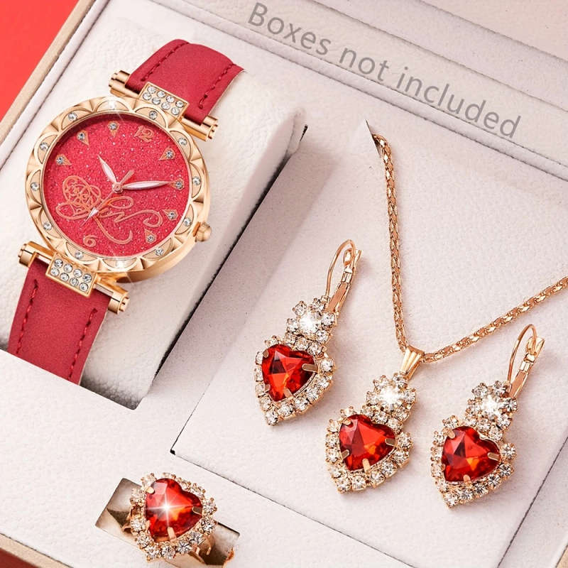 5pcs set Women's Quartz Watch Set Elegant Chic Shiny Rhinestones PU Leather Perfect Gift