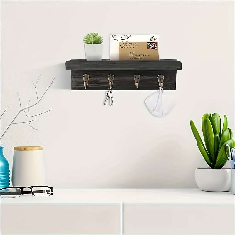 Rustic Farmhouse Wooden Key Holder with 4 HooksWall-Mounted Mail Organizer for Bedroom Kitchen