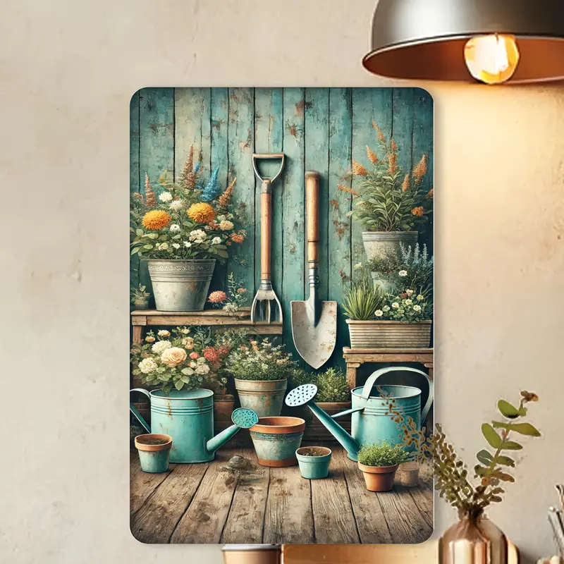 1pc Vintage Gardening Tools Potted Plants Metal Tin Sign 20.32x30.48cm Rustic Wall Art with Colorful