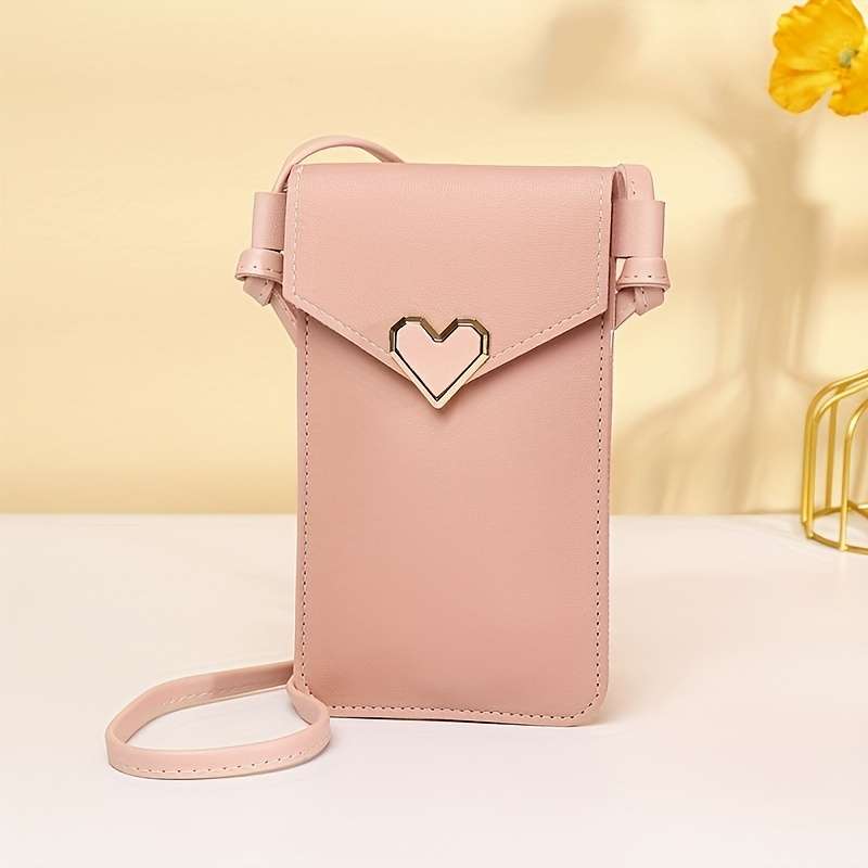 1pc Women'S Vintage Pink Heart Buckle Crossbody Bag with Clear Phone Pocket Durable Synthetic Fau