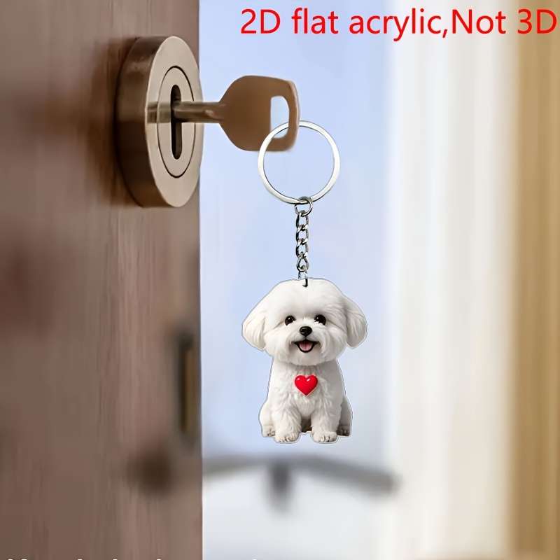 1pc 2D Flat    Cute White Dog Acrylic Keychain with Heart Charm Flat Keychain Perfect Gift