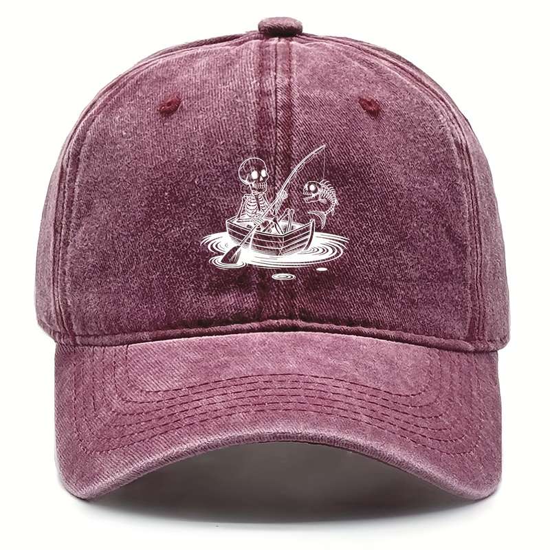 1pc Stylish Unisex Skeleton Fishing Print Baseball Cap Adjustable Snapback Lightweight Cotton D