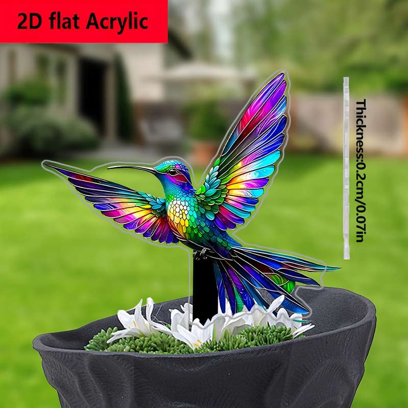 1pc 2D Flat  Acrylic Hummingbird Garden Decoration Vibrant Rainbow Feathers Classic Style No Bat