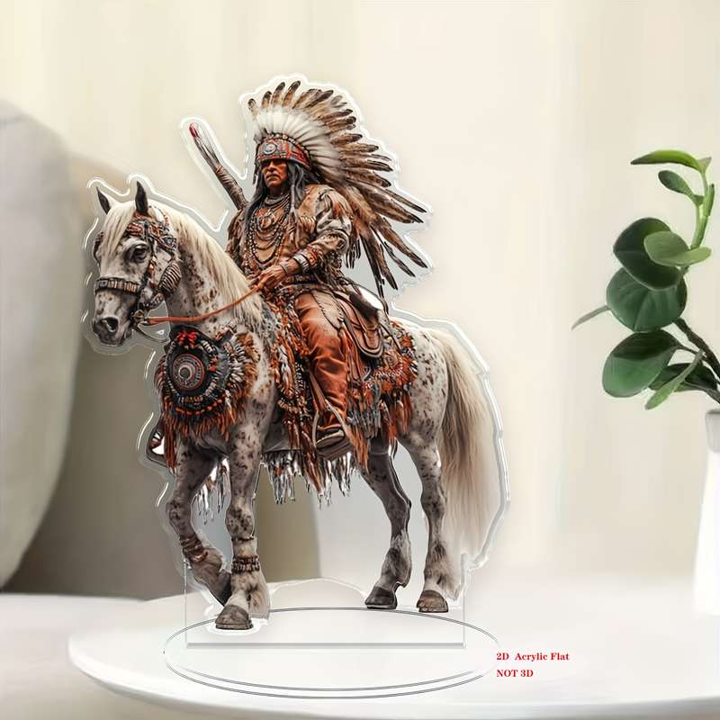 1pc 2D Flat   Bohemian Style Native American Chief  Acrylic Art Ornament Handcrafted Horseba