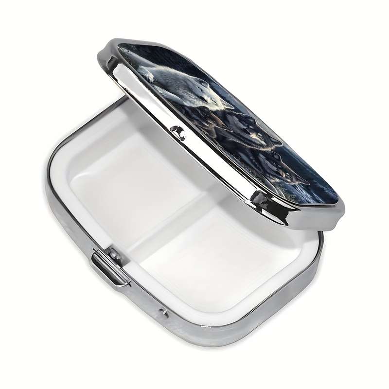 1pc Wolf Family Metal Pill Box C Portable Decorative Organizer with Realistic Wolf Artwork Com