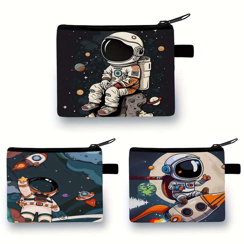 1pc Cool Astronaut Zero Wallet Durable Polyester Pouch with Vibrant Cartoon Design Hand Washable