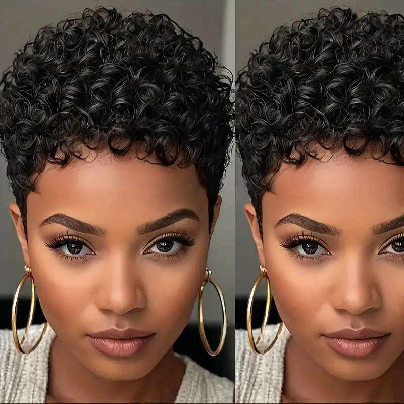 Brazilian Remy Human Hair 180% Density Short Curly Elf Wig