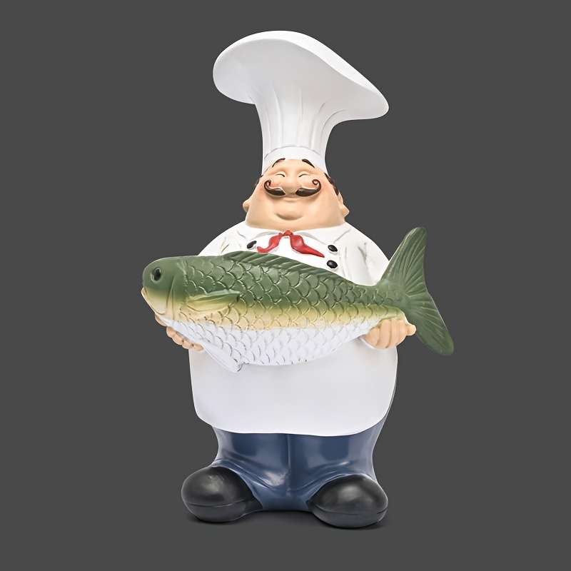 1pc Charming European Chef with Fish Figurine Rustic Resin Statue Cartoon-Style Kitchen Decor fo