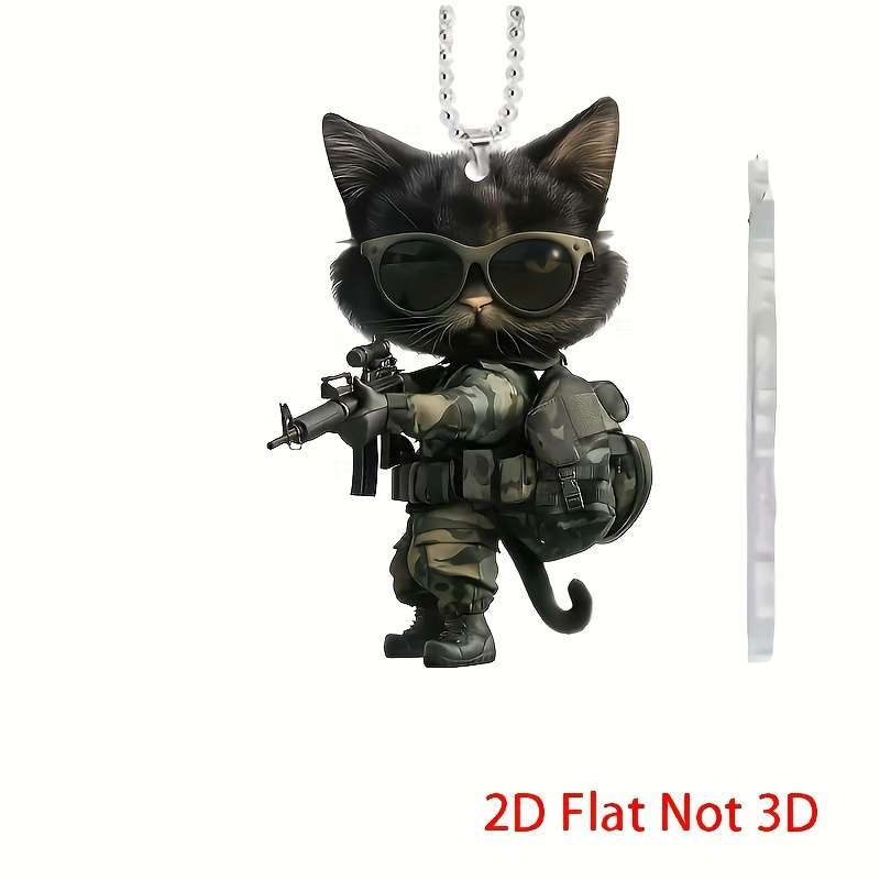 1pc 2D Flat  Acrylic Cool Cat Pendant Tactical Camo Costume Backpack Keychain Decoration Uniq