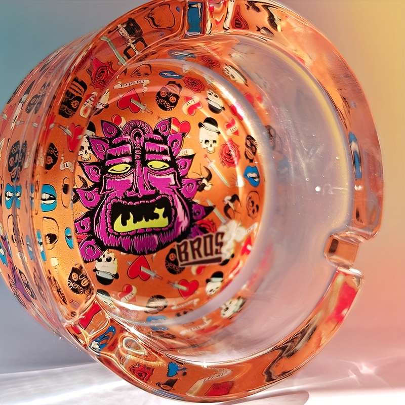 1pc Creative Patterned Glass Ashtray Round Transparent Design with Vibrant Monster Graffiti
