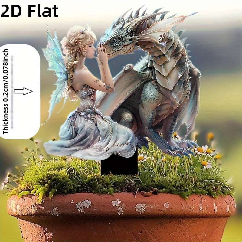 1pc 2D Flat   Charming Fairy and Dragon Garden Stakes Weatherproof Acrylic Outdoor Decor