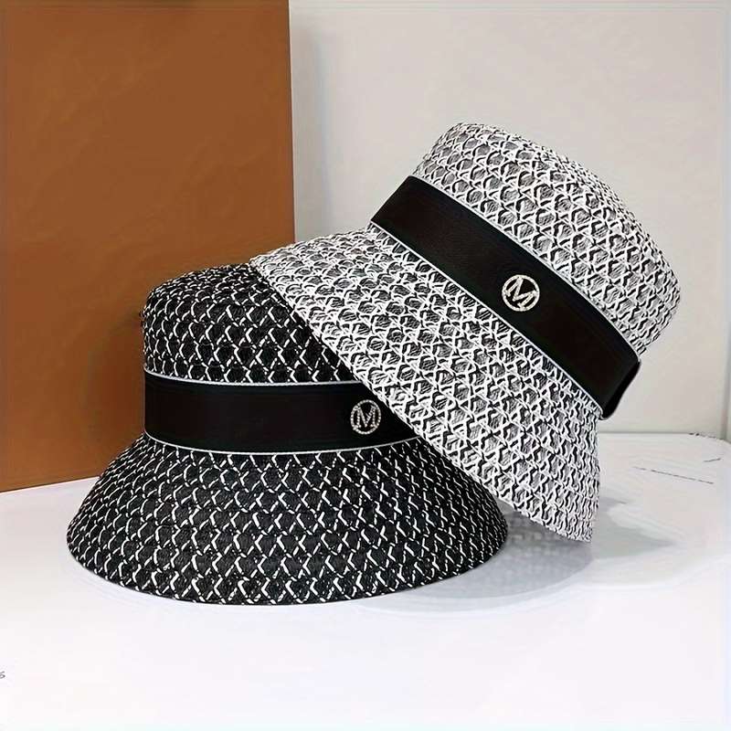1pc Summer Breathable Weave Bucket Hat 100% Polyester with Elastic Band Sun Protection Lightweigh