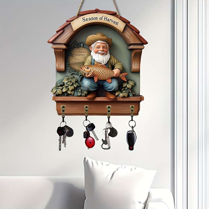 2D Flat 1pc Old Fisherman Holding Big Fish Simple Colorful Wooden Key Hanger for Home with Four M