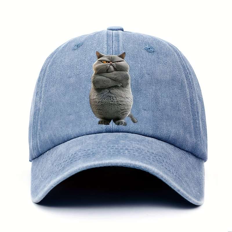 1pc Adjustable Cotton Baseball Cap with Funny Cat Print Unisex Vintage Washed Hat Pre-Curved Sun