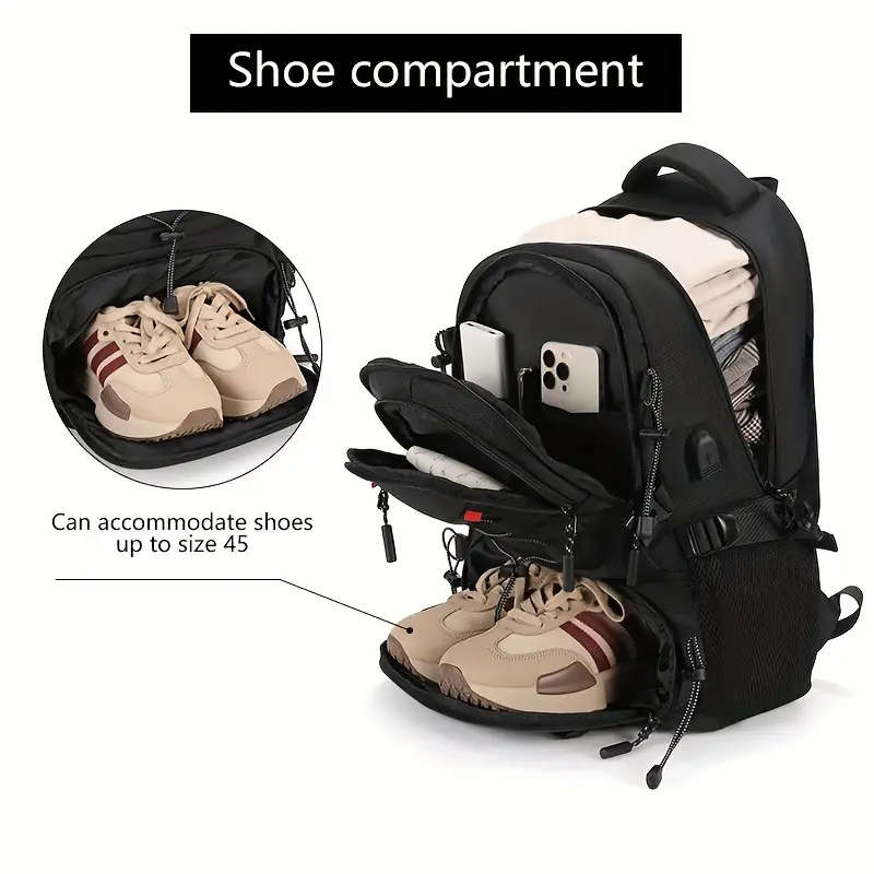 1pc Large Capacity Laptop Backpack with Shoe Storage Casual Polyester Travel Bag Outdoor Hiking Ruck