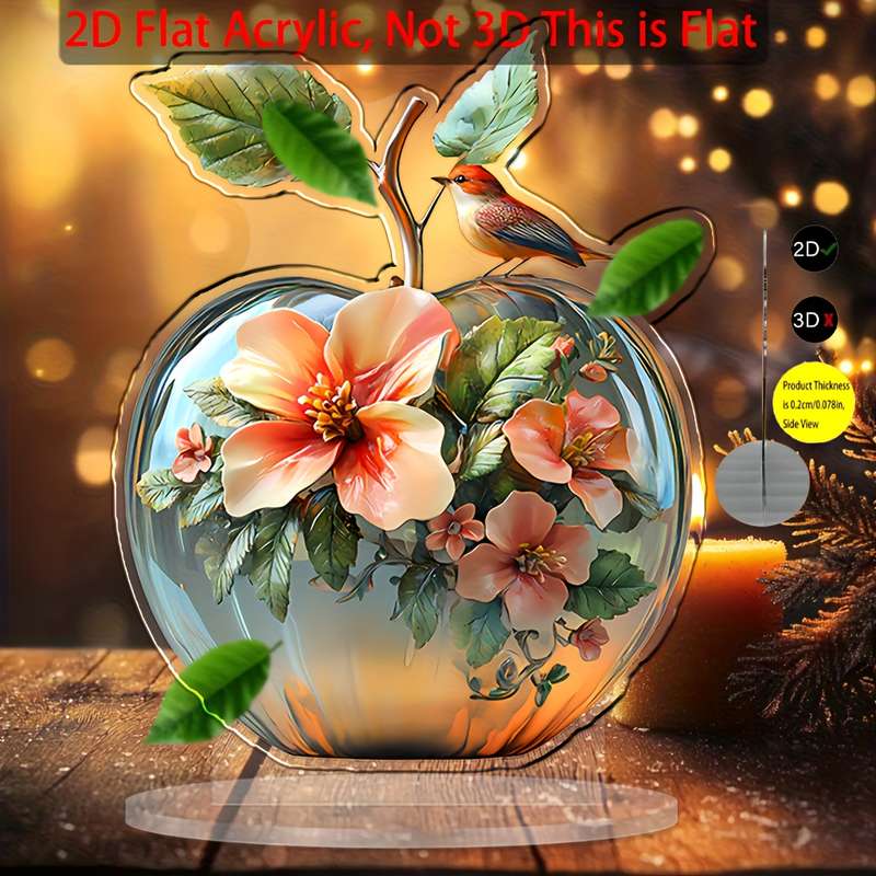 1pc 2D Flat   Boho Style Acrylic Apple Decorative Figurine with Floral and Bird Design Versatil