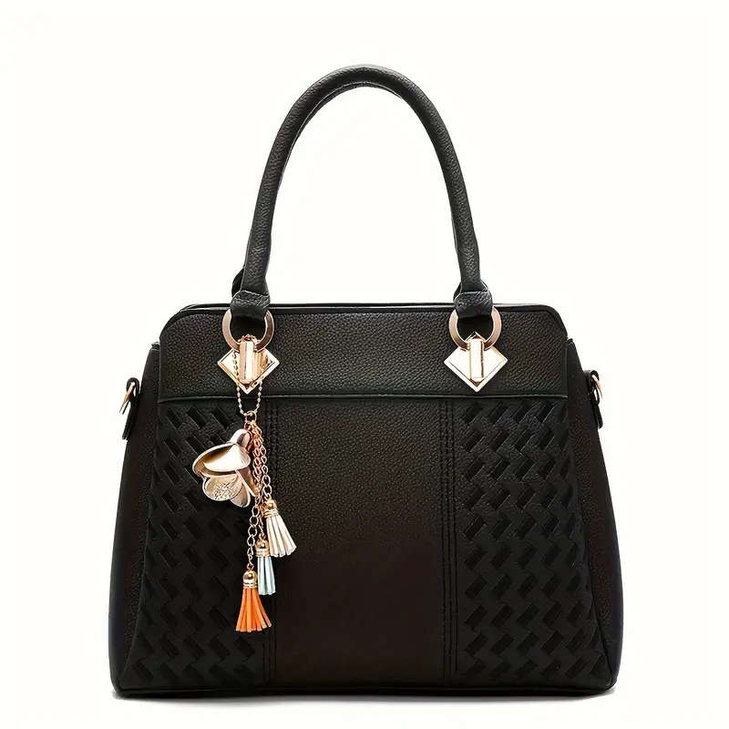 Elegant Embroidered Tote Bag with Tassel Charm Vintage Soft Faux Leather Versatile Crossbody Shoulde