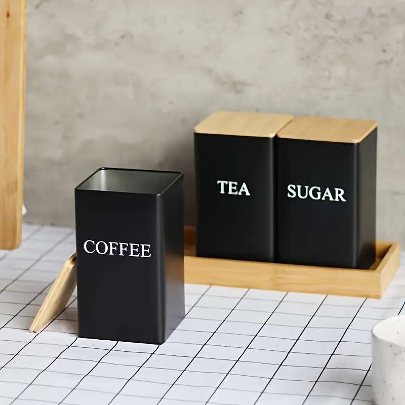 LDQ Set of 3 Iron Kitchen Canisters with Wooden Lids Washable Uncharged Engraved Label Stor