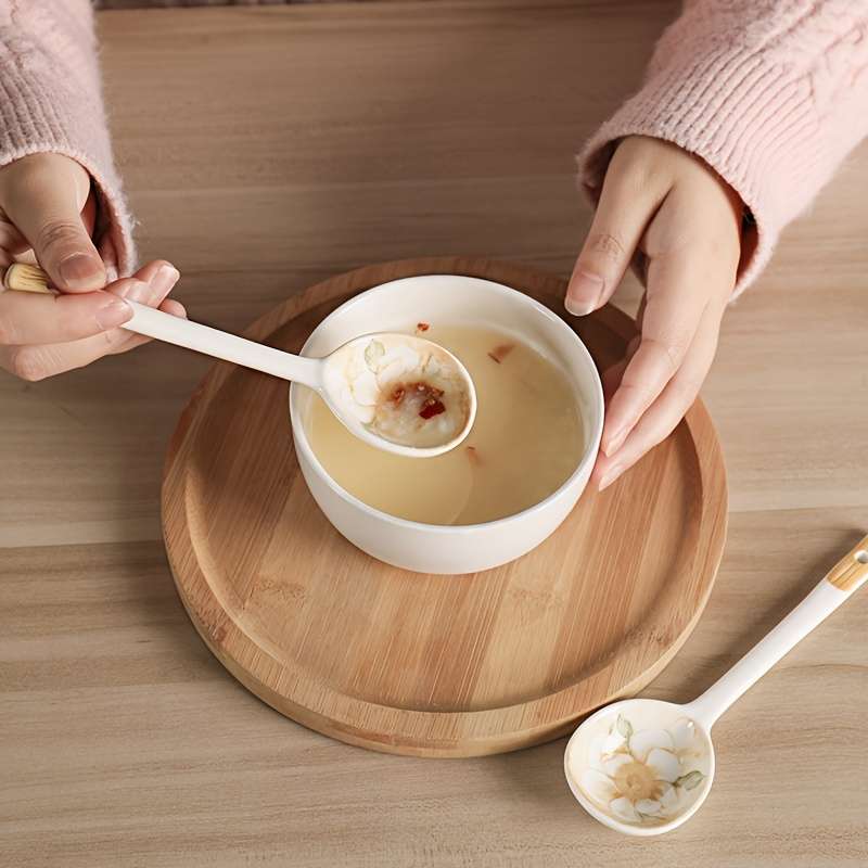 6pcs Elegant Long-Handle Ceramic Coffee Spoons with Floral Design Ideal for Serving Coffee T