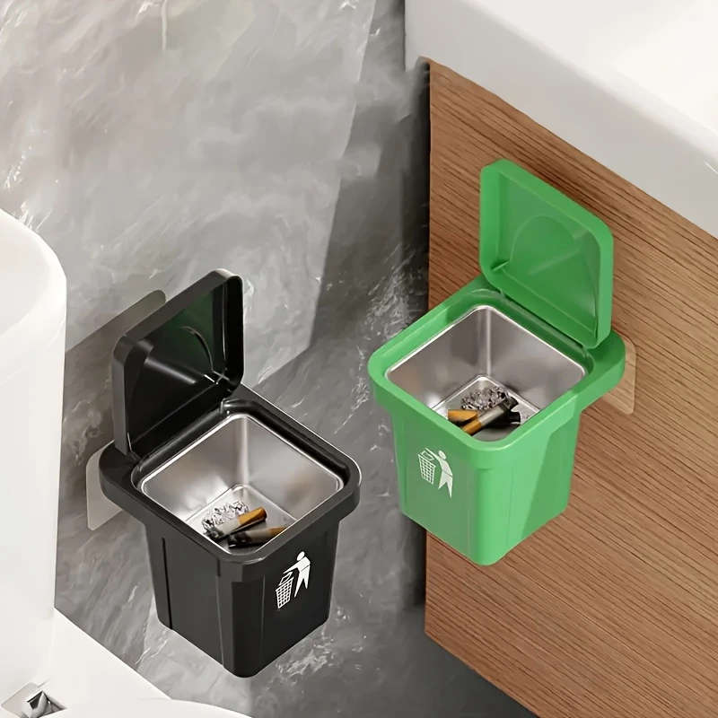 1pc LDQ Stainless Steel Wall-Mounted Ashtray with Red Lid No Drilling Required Modern Square Design
