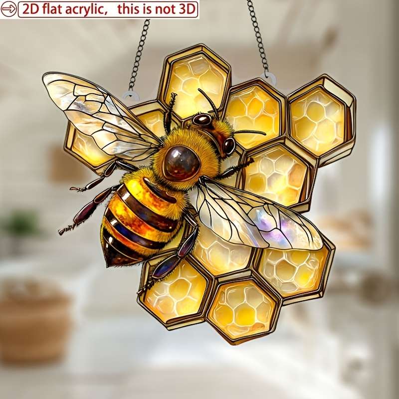 1pc 2D Flat  Acrylic Vibrant Bee Sun Catcher 8"x7.6" Honeycomb Garden Decoration Perfect Gift fo