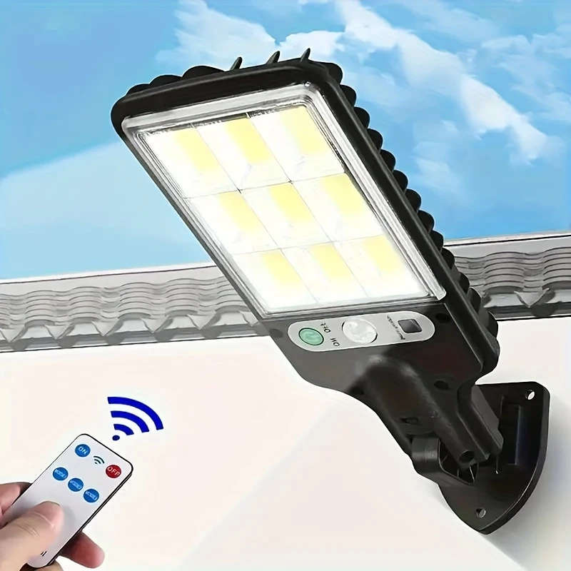 Solar-Powered Outdoor Street Light with Transparent LED Remote Control Adjustable Motion Sensor Blac