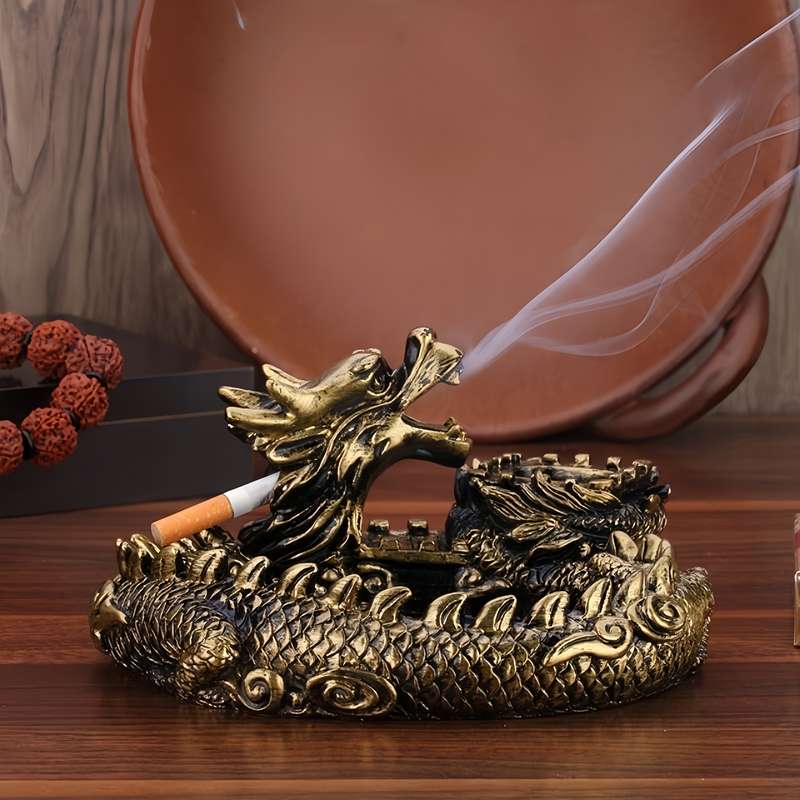 1pc Vintage Style Dragon Ashtray Resin Crafted Round Shape Durable No Electricity Required wit