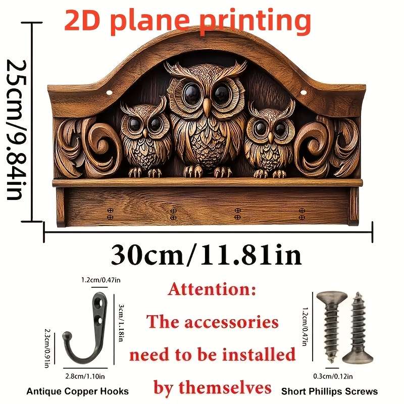 A 2D Printed Piece Featuring Three Owls a Simple And Colorful Wooden Key Hook with Four Metal Hooks