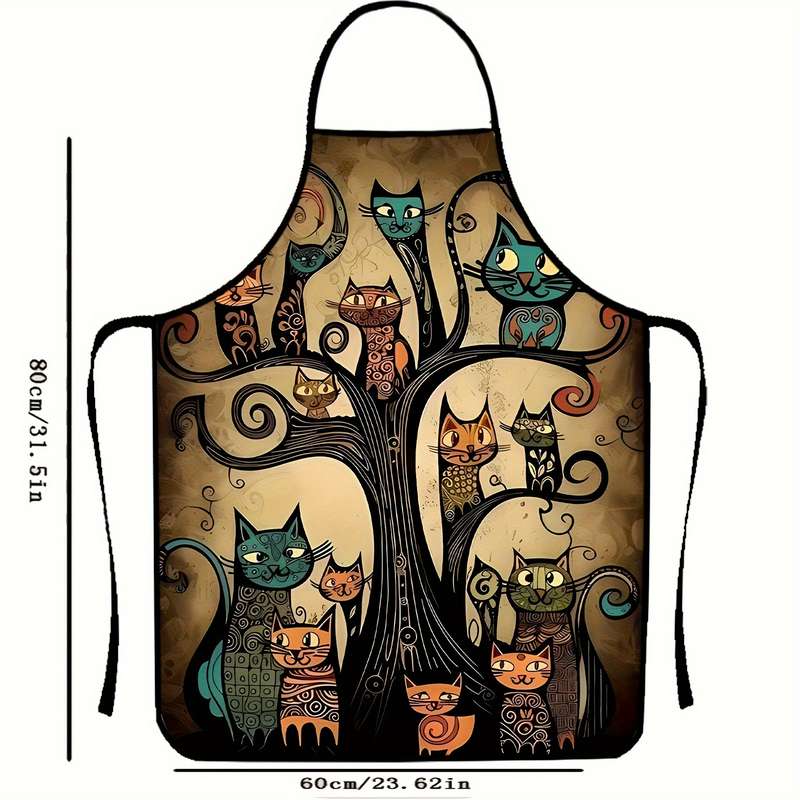 1pc Colorful Cartoon Cat Print Polyester Apron Sleeveless Durable Kitchen Cleaning Bib