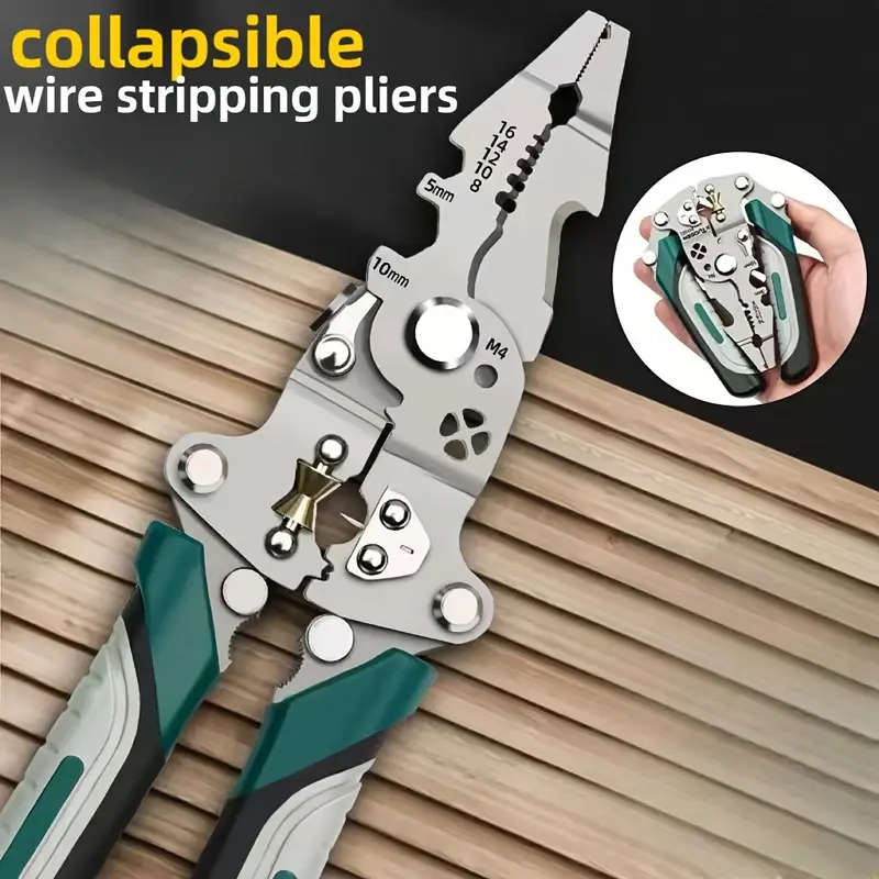 1pc 9in1 Folding Wire Stripping Pliers Industrial-Grade Chrome Vanadium Steel with Collapsible Desig