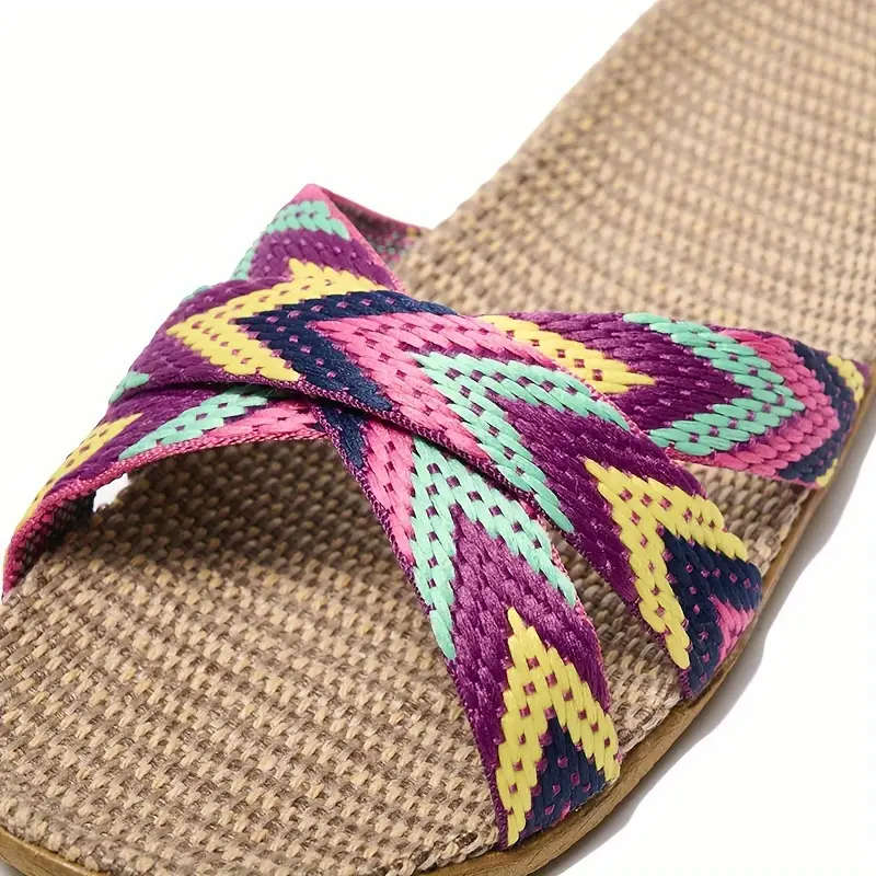 Women's BOHO Striped Linen Slippers - Summer Fashion, Comfortable Indoor/Outdoor Flats with EVA Sole