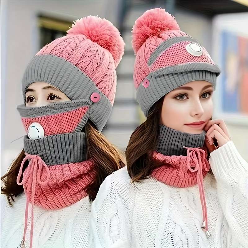 1pc Mask Hat Scarf Women's Autumn and Winter Knitted Hat Thickened and Fleece Warm Ear Protect