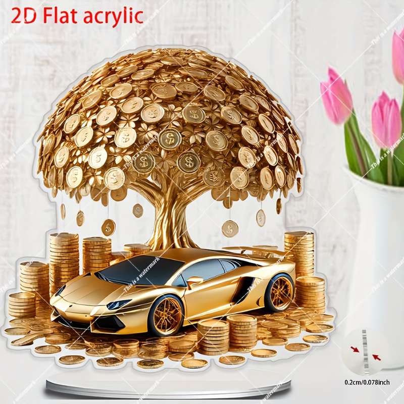 1pc 2D Flat  Acrylic Golden Tree Car Wall Art Bohemian Style  Design No Battery Needed