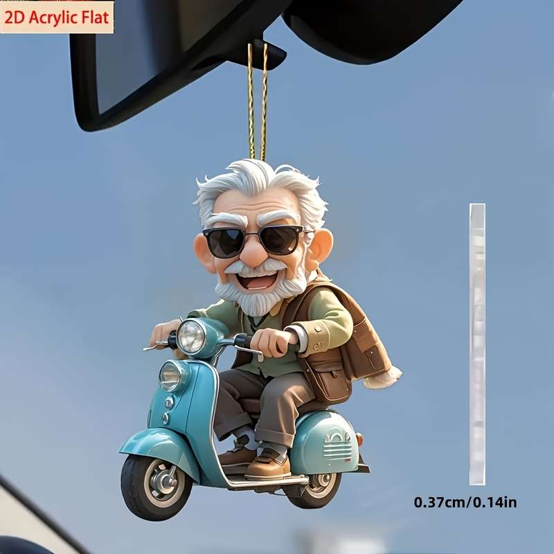 1pc 2D Flat  Acrylic Car Hanging Ornament Happy Grandpa Riding Scooter Ideal for Rearview Mirror