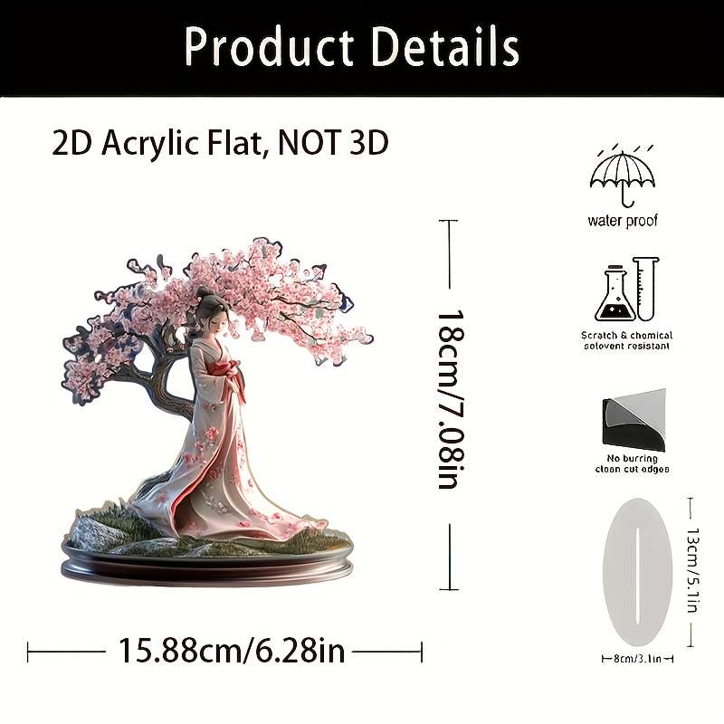 1pc 2D Flat    Acrylic Decorative Japanese Cherry Blossom Tree Kimono Girl for Home Decora