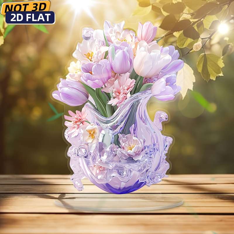1pc 2D Flat  1 Bohemian Acrylic Tulip Vase with Display Stand Office Desk and Living Room Desktop F