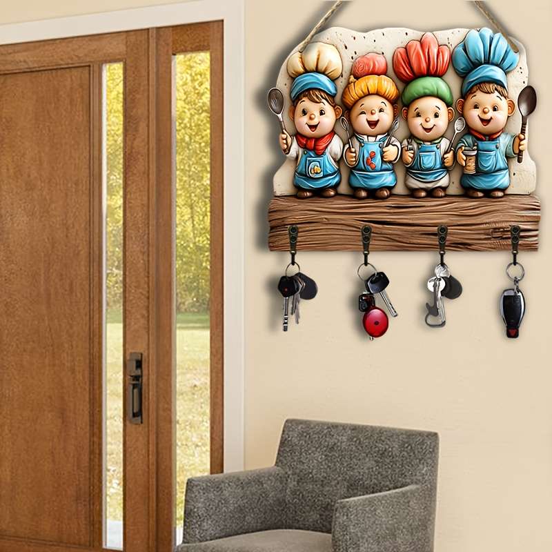 2D Flat 1pc Youngsterss Chef Restaurant Simple Colorful Wooden and Home Key Hanger with Four Met