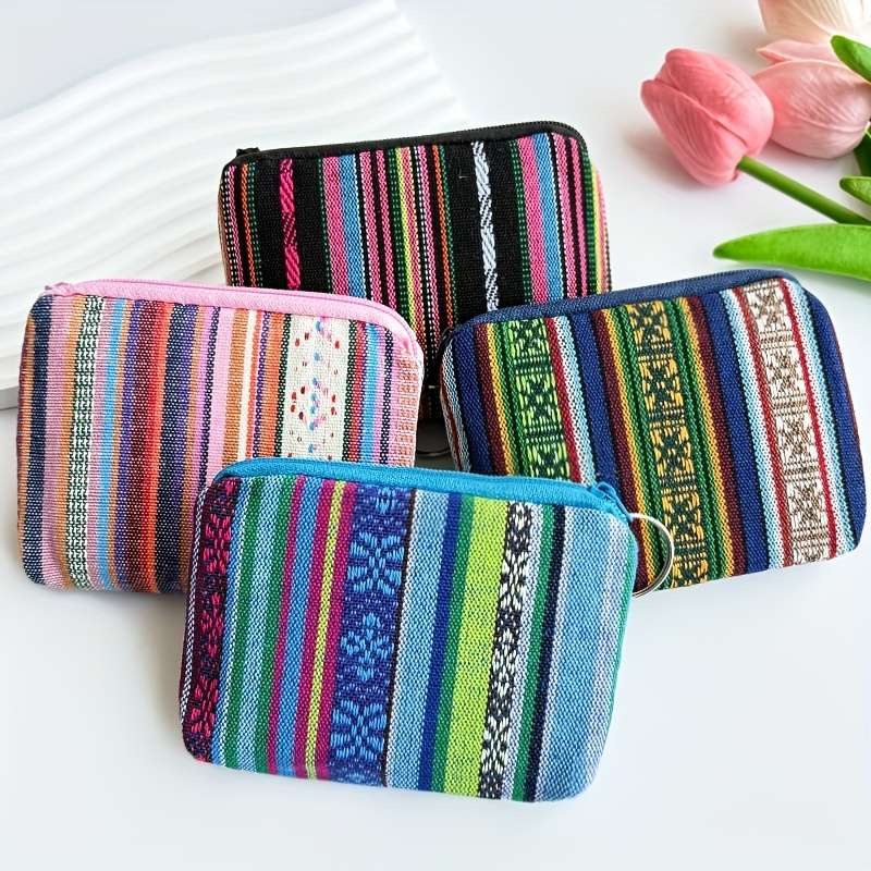 1pc Boho-Chic Retro Striped Canvas Zipper Wallet Lightweight Clutch with Coin Pocket Multifuncti