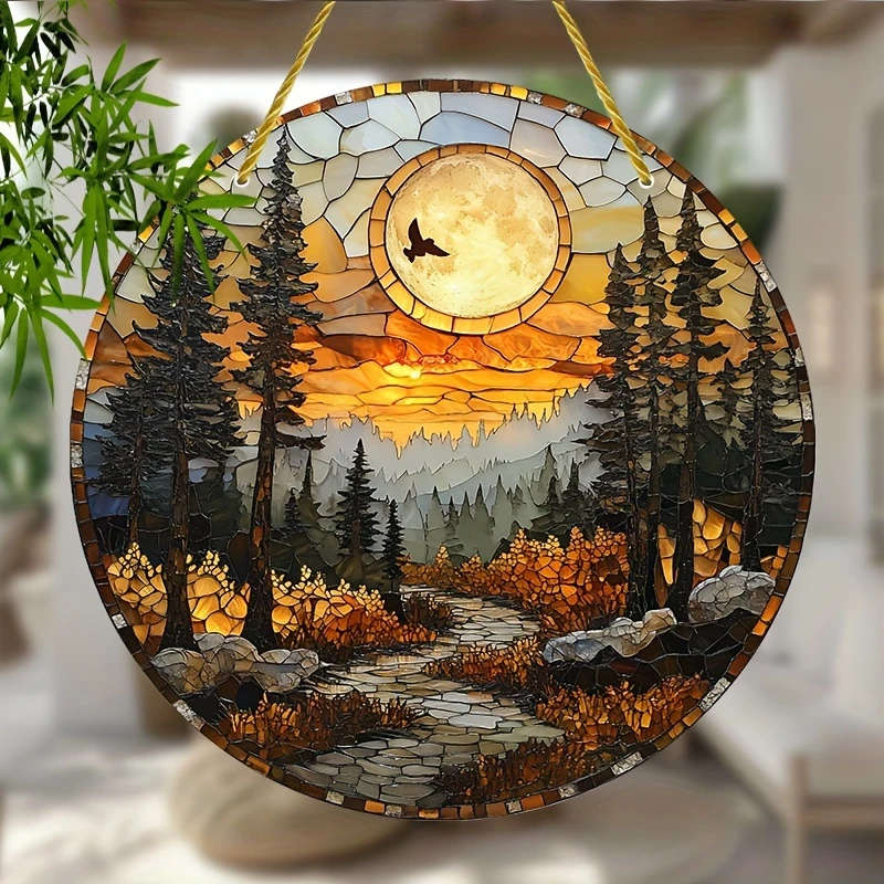 1pc 2D Flat Bohemian Sunset Mountain View Light Catcher 7.62cm Acrylic Stained Glass Window Hanging