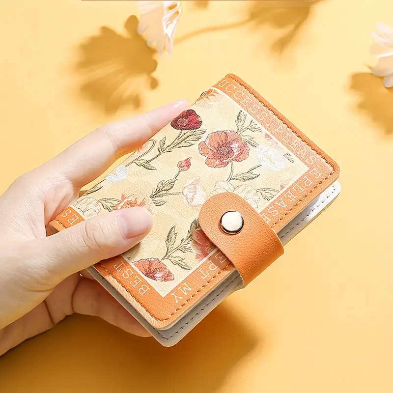 1pc Chic Women's Floral Credit Card Holder Compact Faux Leather Wallet with Snap Closure Large Capac