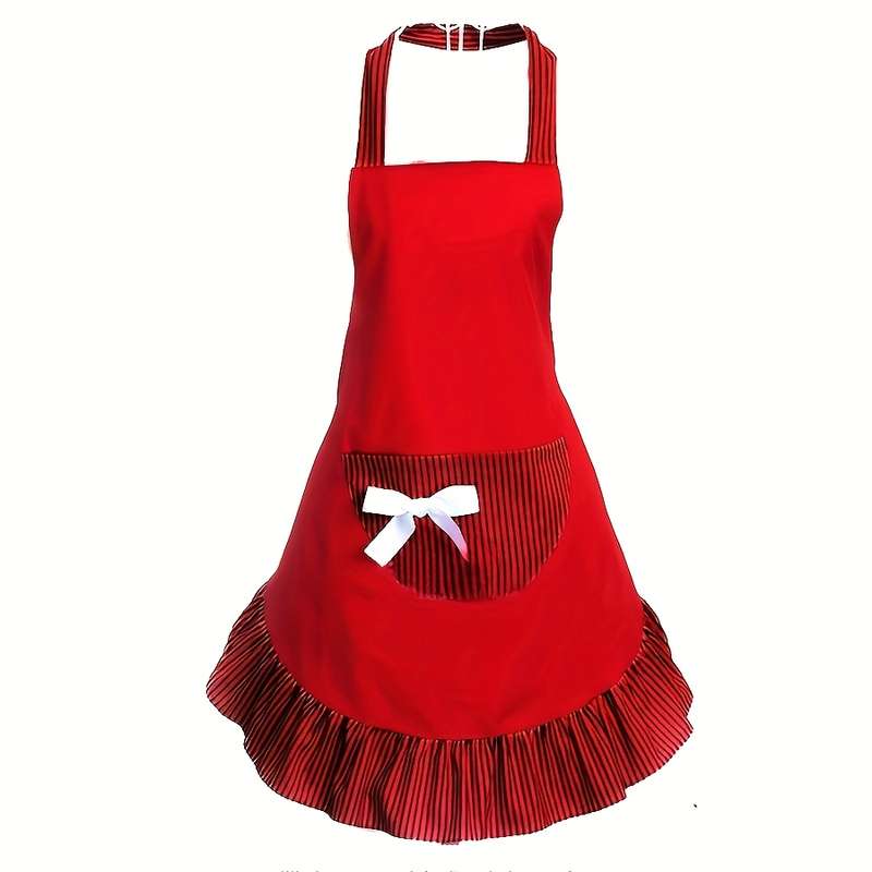 1pc Retro Polka Dot Apron with Ruffle Hem Large Pockets Black and White Vintage Kitchen Ba